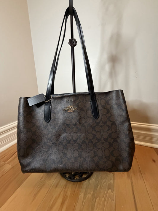 Coach Large Leather Avenue Carryall Tote In Signature Canvas Brown Black